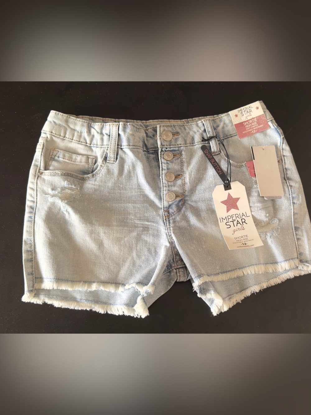 NWT Imperial Star Big Girls Frey Hem Splatter Denim Shorts Size 12